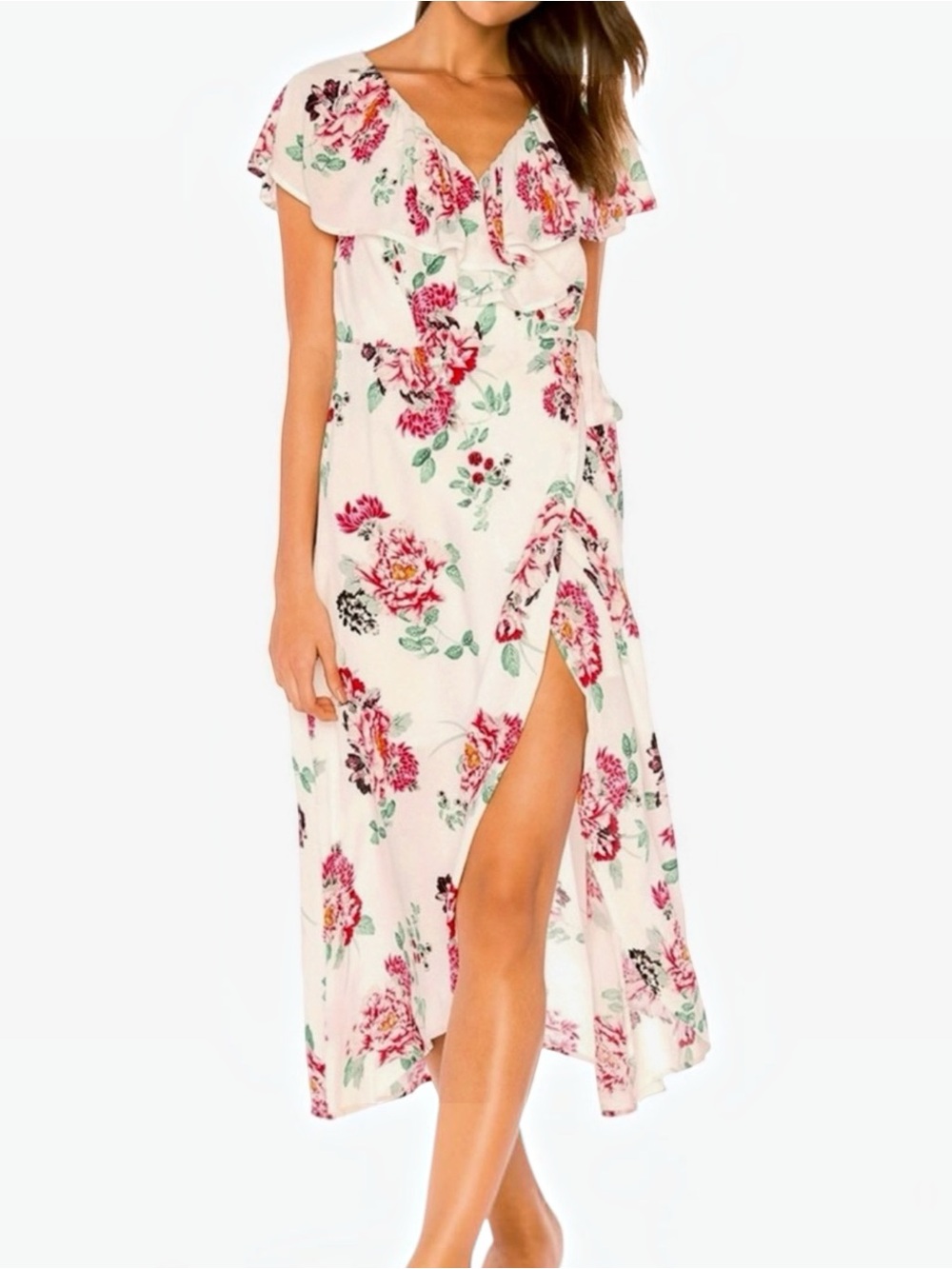 NWT MINKPINK Pretty Petals Wrap Front Dress Ivory Pink Floral High Low Womens XS